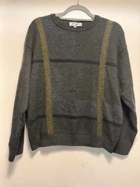 Men's Vintage Wool Crewneck Sweater in Olive Stripped Accents